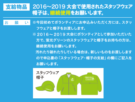 2016～2019大会で使用されたスタッフウェア
							帽子は、継続使用をお願いします。
							※今回初めてボランティアにお申込みいただく方には、スタッフウェアと帽子をお渡しします。
							※2016～2019大会にボランティアとして参加いただいた方で、蛍光グリーンのスタッフウェアと帽子をお持ちの方は、継続使用をお願いします。
								 汚れたり破れたりしている場合は、新しいものをお渡ししますので申込書の「スタッフウェア・帽子の支給」の欄にご記入をお願いします。